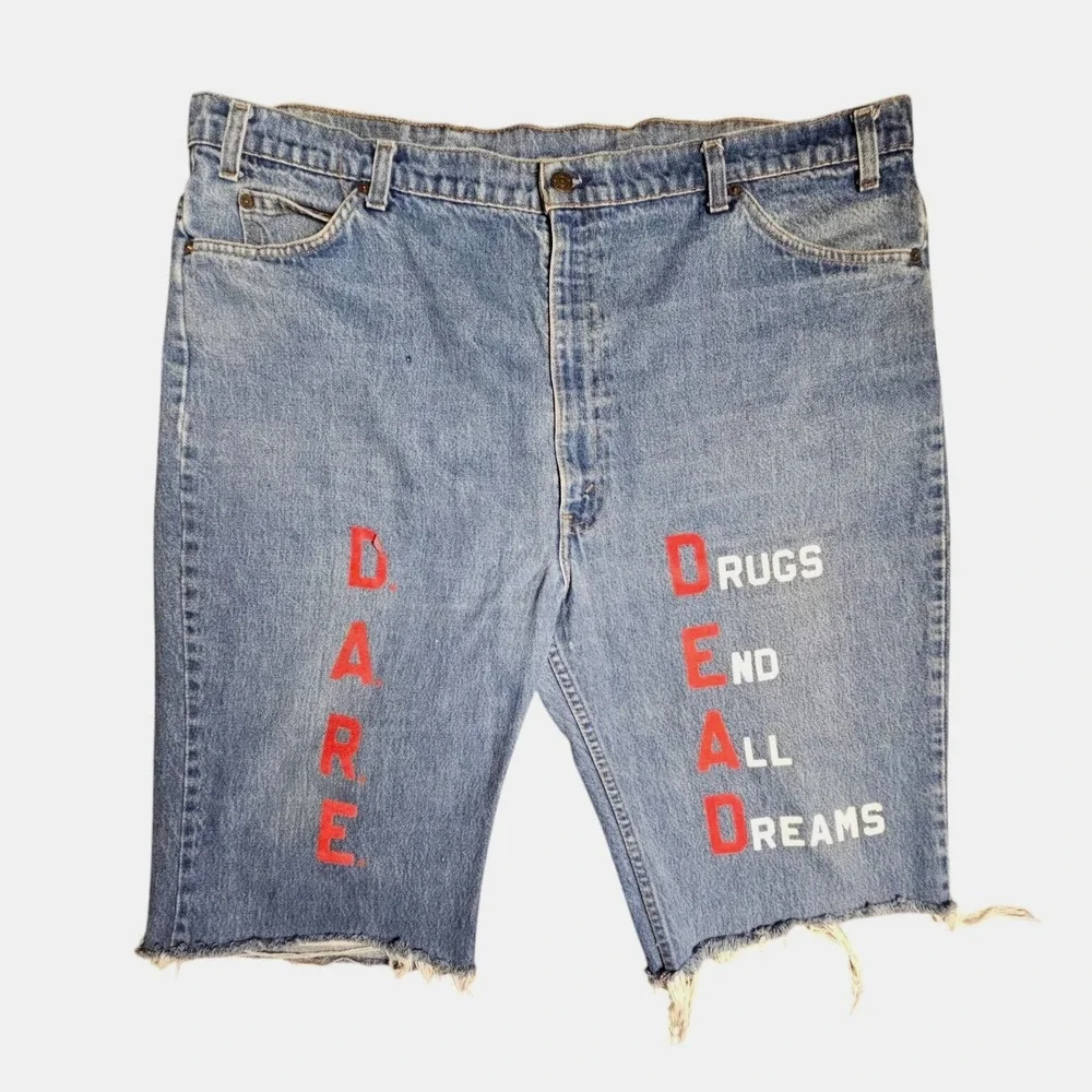 Levi's Orange Tab D.A.R E Cut-Off  Shorts Mens Blue‎ Denim Fringe Hem Size 44x13